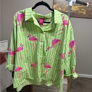 QUEEN OF SPARKLES Lime Green Flamingo Shirt